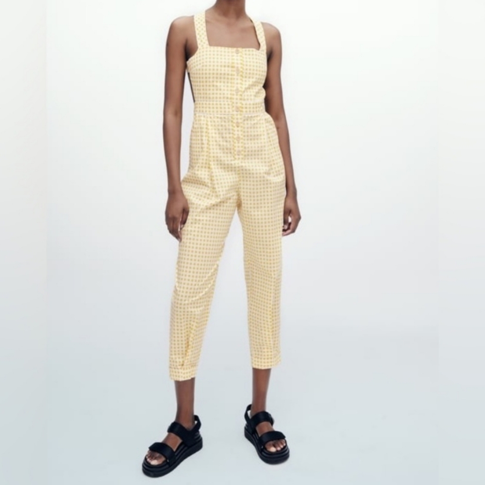 Zara Yellow Gingham Poplin Jumpsuit Size XS